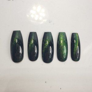 Cat eye Custom Gel Press on Nails fake nails Handmade 20pc set black green shift